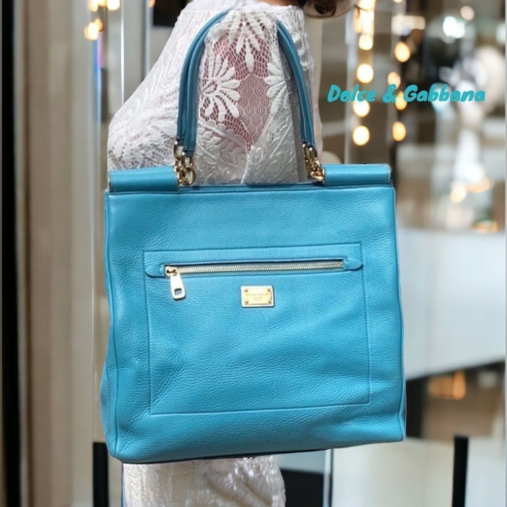 DOLCE & GABBANA BLUE LEATHER SHOULDER SATCHEL TOTE BAG